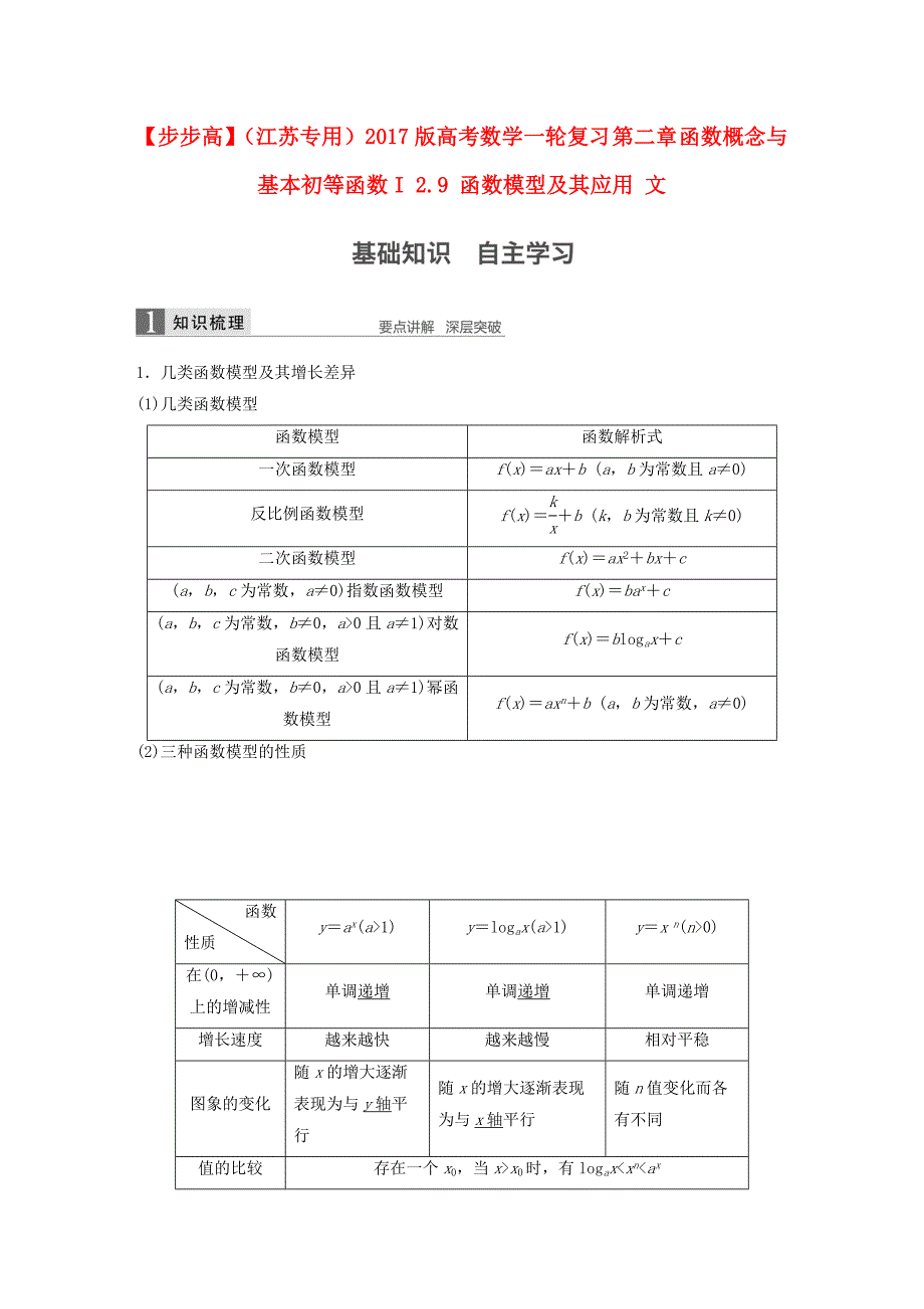 （江苏专用）2017版高考数学一轮复习 第二章 函数概念与基本初等函数i 2.9 函数模型及其应用 文_第1页