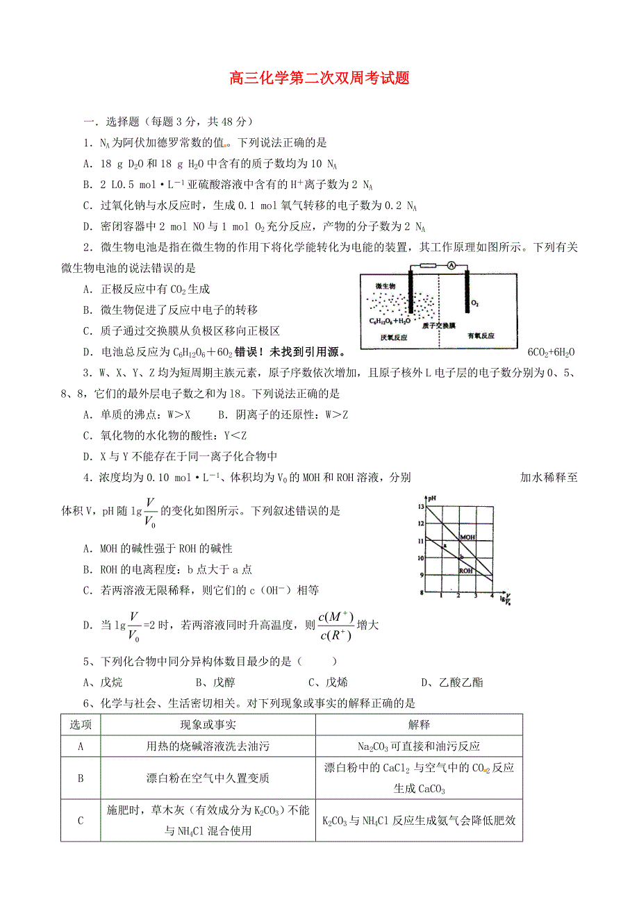 陕西省澄城县寺前中学2016届高三化学下学期第二次双周考试试题_第1页