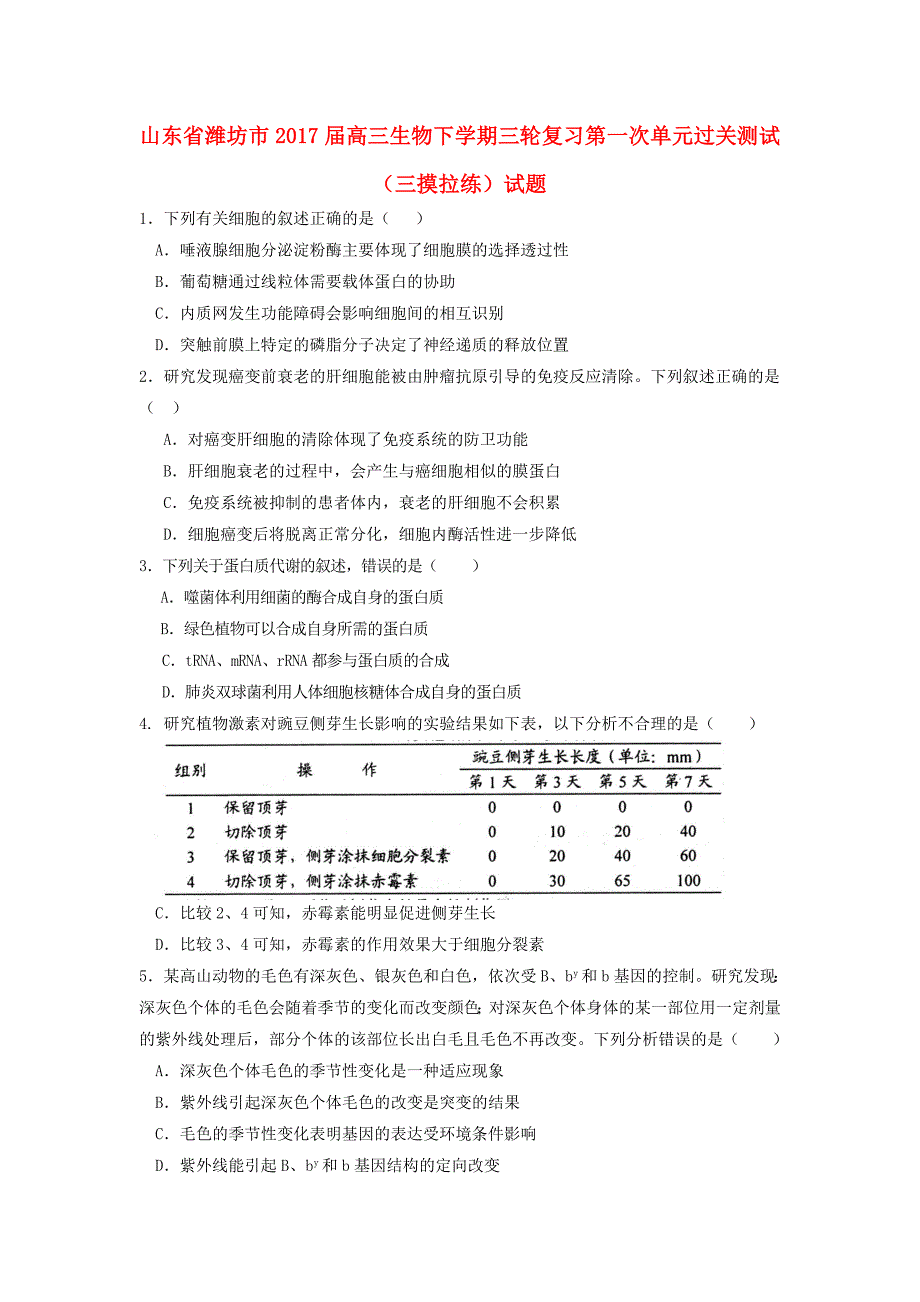 山东省潍坊市2017届高三生物下学期三轮复习第一次单元过关测试三摸拉练试题_第1页