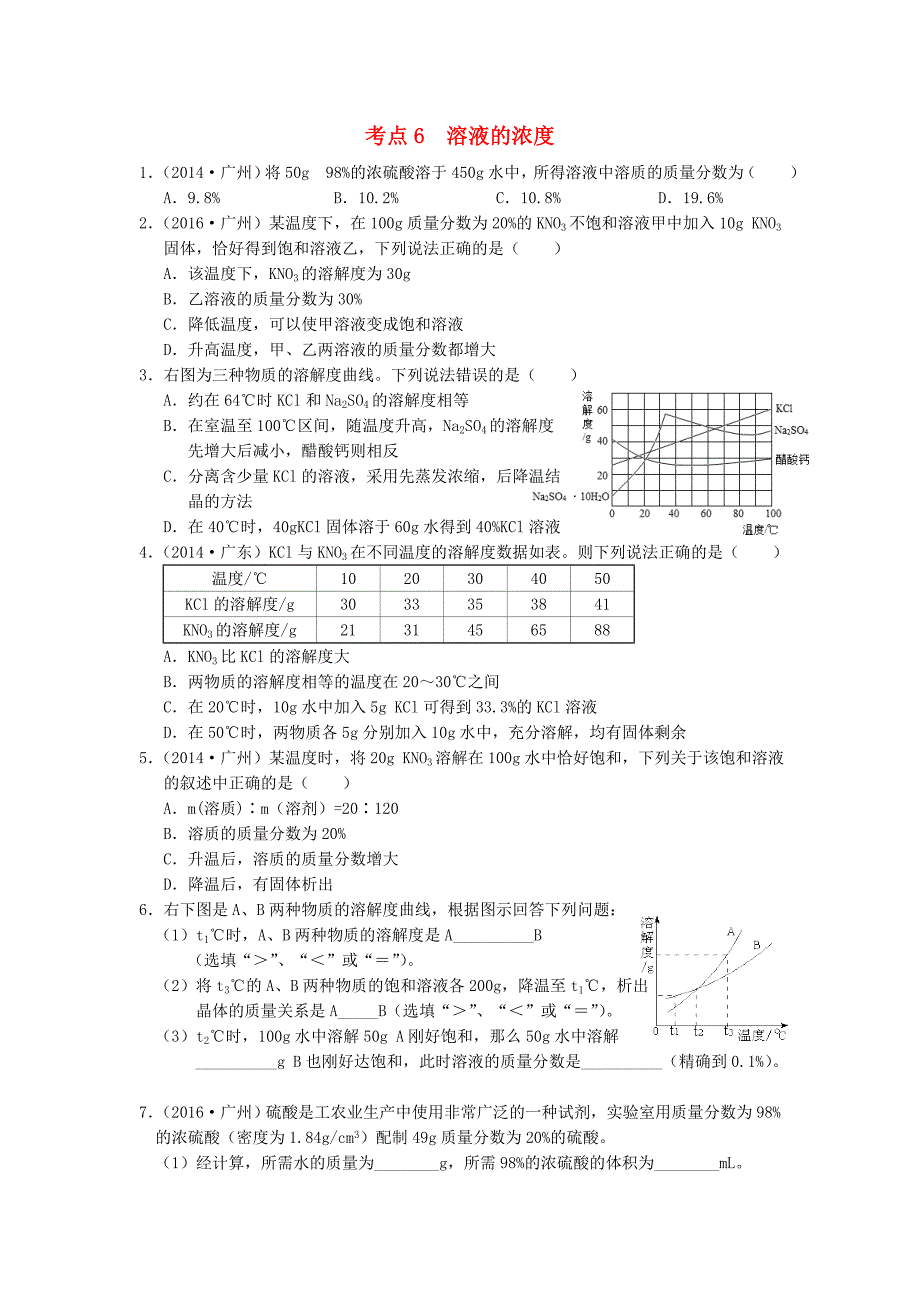 广东专版2017年中考化学专题练习考点6溶液的浓度_第1页