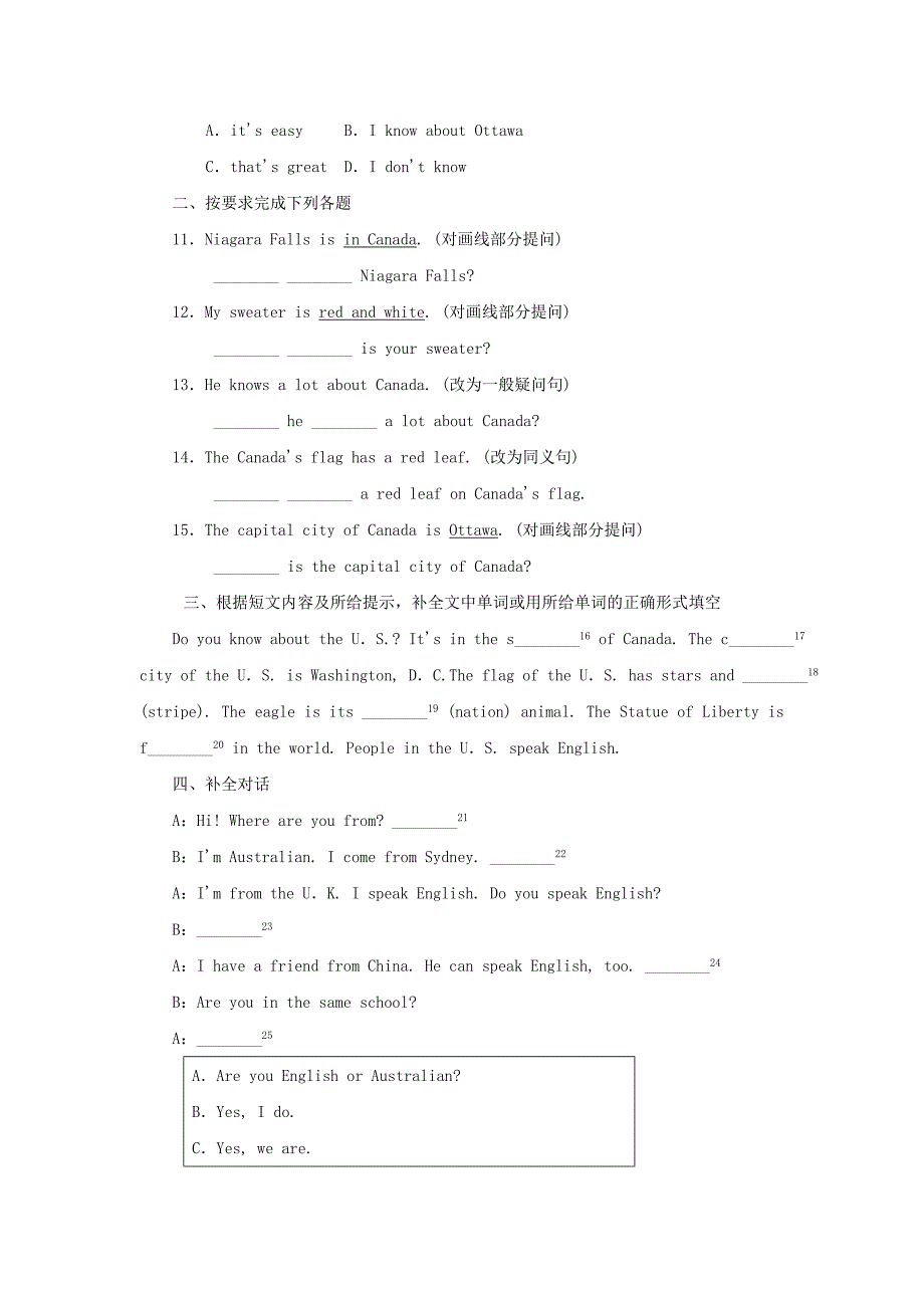 七年级英语上册unit8countriesaroundtheworldlesson46canadaandtheu．s.同步练习a卷新版冀教版_第2页