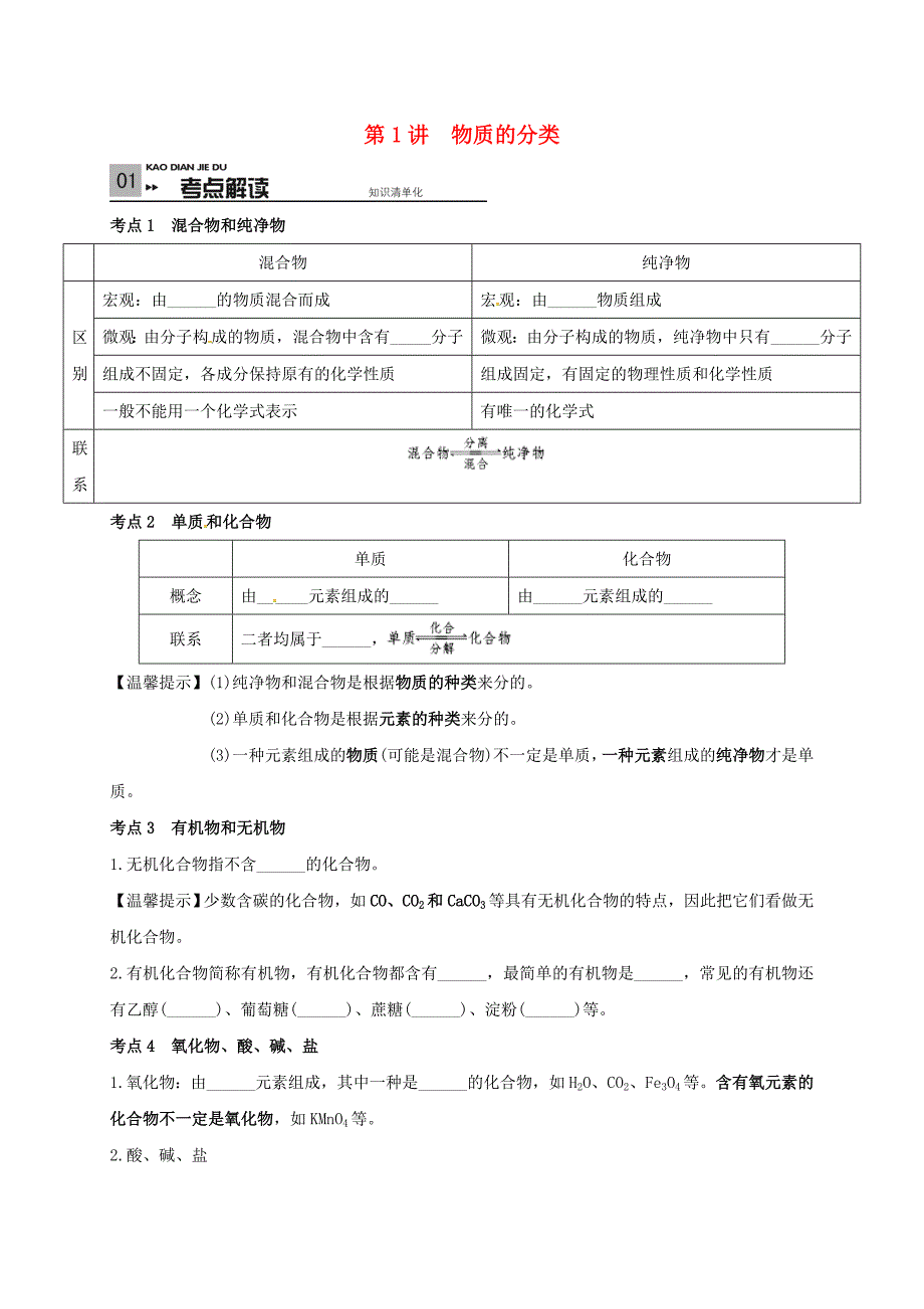 山东省广饶县丁庄镇中心初级中学2016届中考化学一轮复习物质的分类学案无答案_第1页