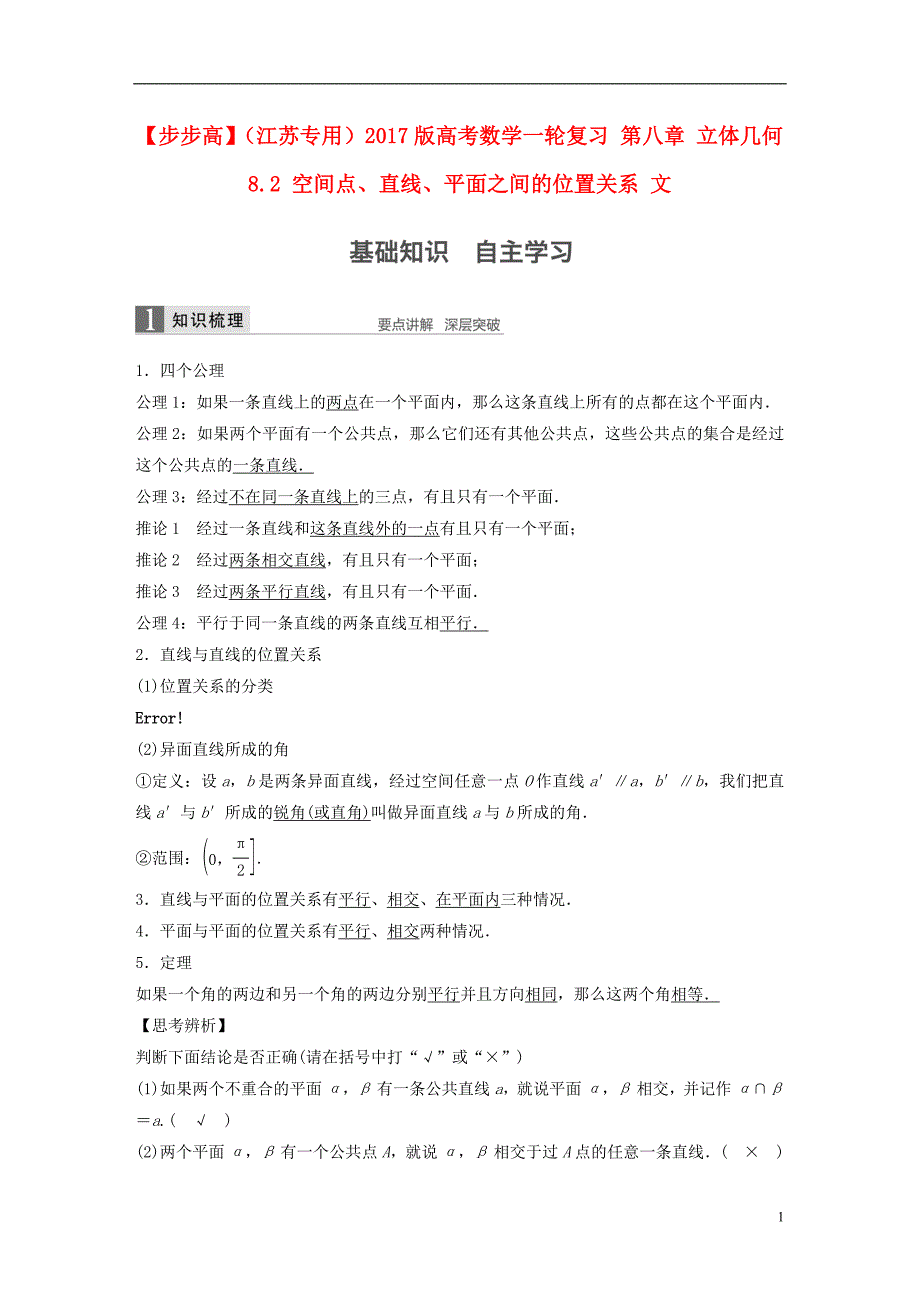 （江苏专用）2017版高考数学一轮复习 第八章 立体几何 8.2 空间点、直线、平面之间的位置关系 文_第1页