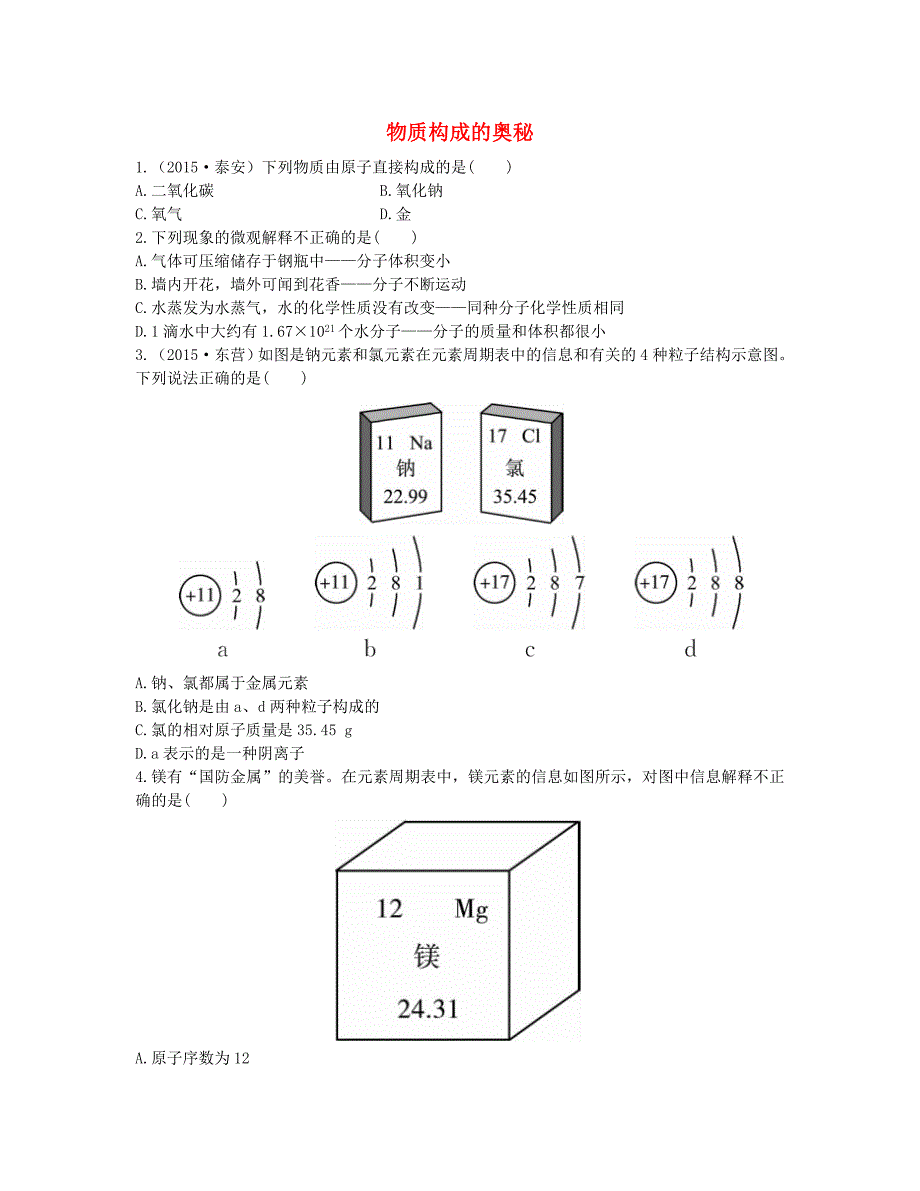 （济南专版）2016中考化学专题复习四 物质构成的奥秘拓展提升_第1页