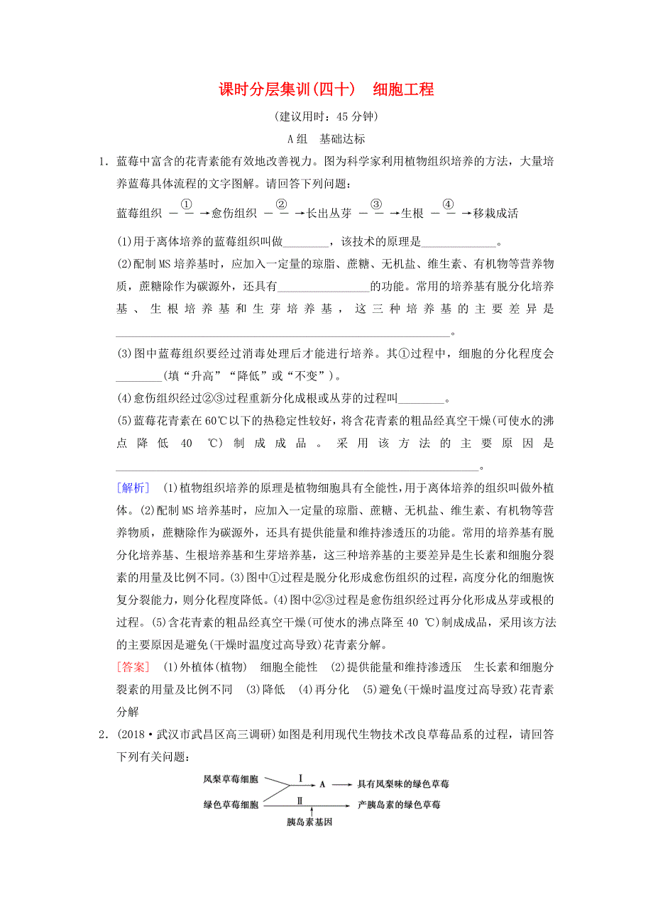 全国版2019版高考生物一轮复习现代生物科技专题课时分层集训40细胞工程_第1页