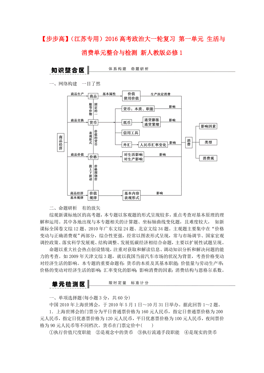 （江苏专用）2016高考政治大一轮复习 第一单元 生活与消费单元整合与检测 新人教版必修1_第1页