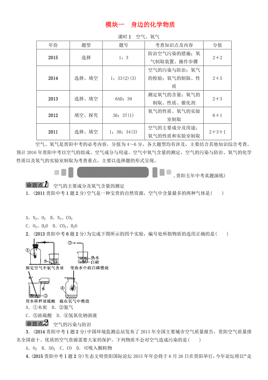 （贵阳）2016中考化学 教材知识梳理 模块一 身边的化学物质 课时1 空气、氧气（无答案）_第1页