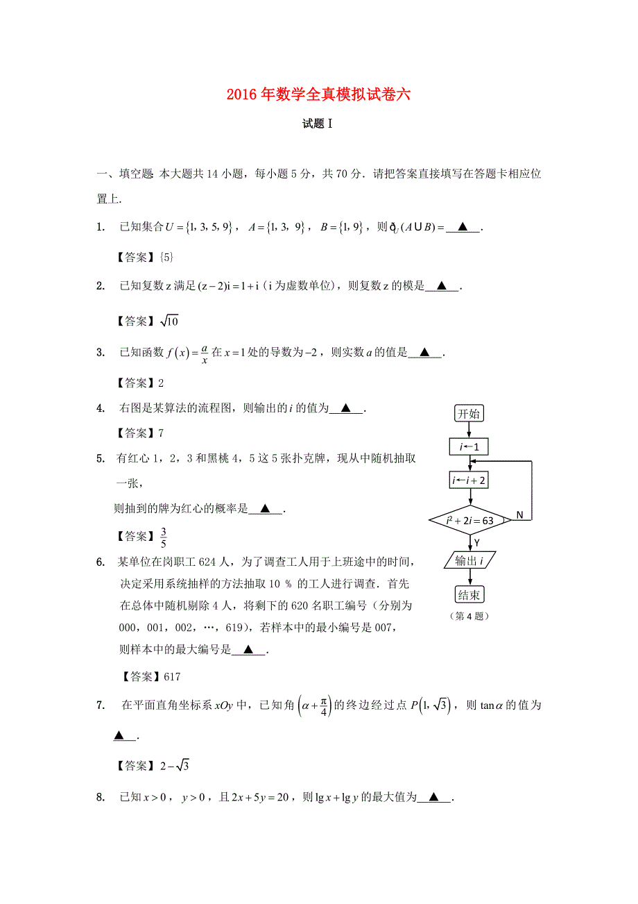 江苏省南通市2016届高三数学全真模拟试题6_第1页