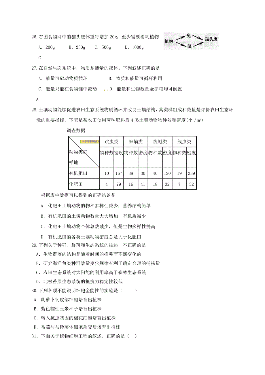 山东省济南市历城区2016-2017学年高二生物上学期期末考试试题无答案_第4页