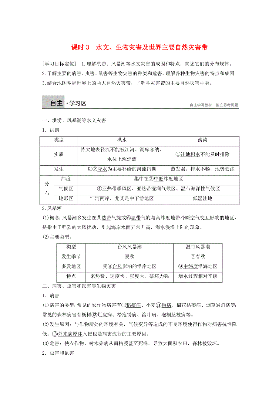 高中地理第一章自然灾害与人类活动第二节主要自然灾害的形成与分布第3课时水文生物灾害及世界主要自然灾害带学案新人教版_第1页