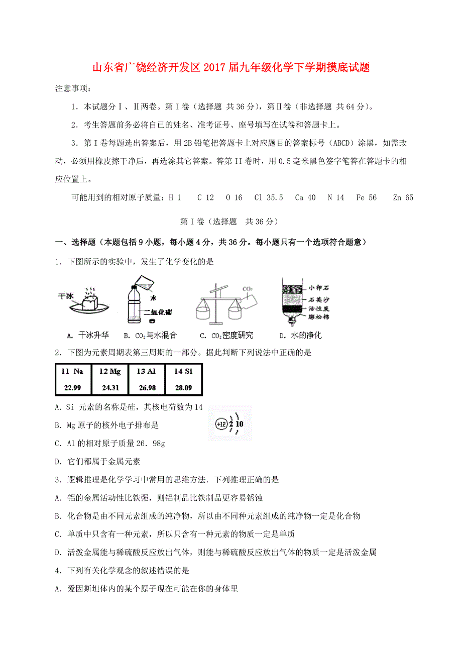 山东省广饶经济开发区2017届九年级化学下学期摸底试题无答案_第1页