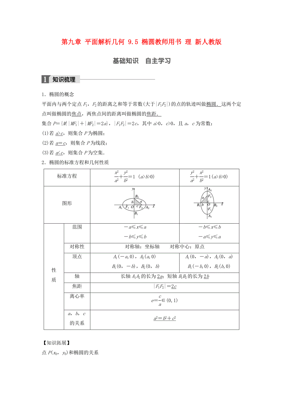 2018版高考数学大一轮复习第九章平面解析几何9.5椭圆教师用书理新人教版_第1页