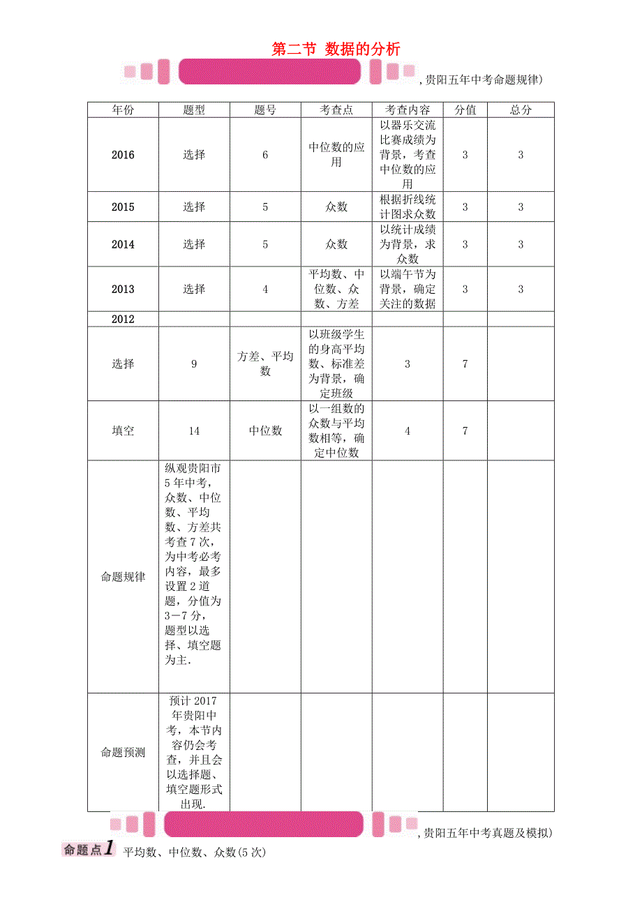 贵阳专版2017中考数学命题研究第一编教材知识梳理篇第八章统计与概率第二节数据的分析精讲试题_第1页