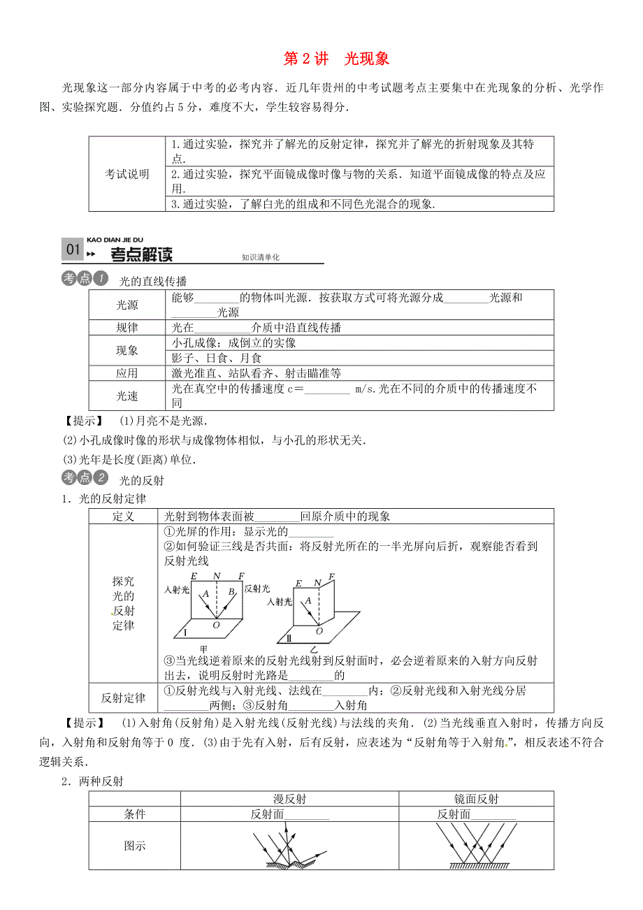 （贵州专版）2016中考物理考点复习 第2讲 光现象_第1页