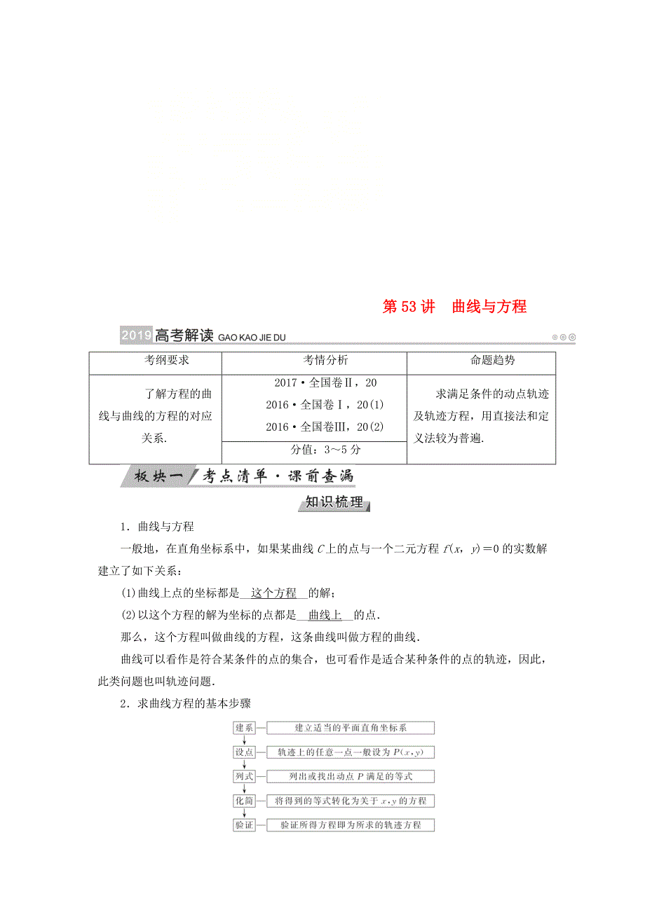 2019版高考数学一轮复习第八章解析几何第53讲曲线与方程学案_第1页