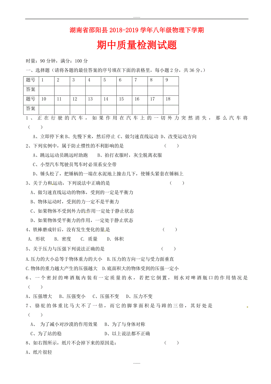 湖南省邵阳县2018-2019学年八年级物理下学期期中质量检测试题_新人教版（有答案）_第1页