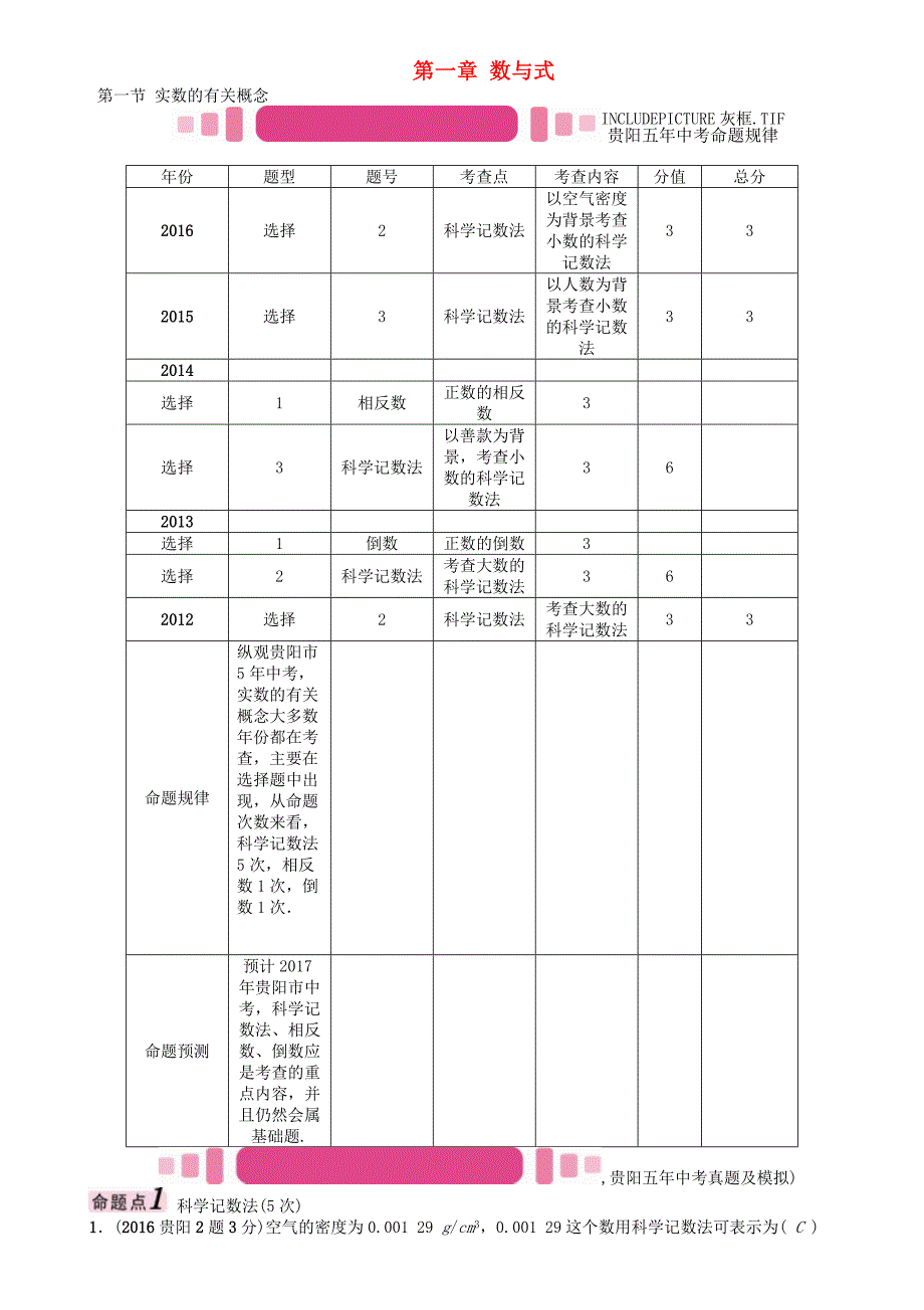 贵阳专版2017中考数学命题研究第一编教材知识梳理篇第一章数与式第一节实数的有关概念精讲试题_第1页