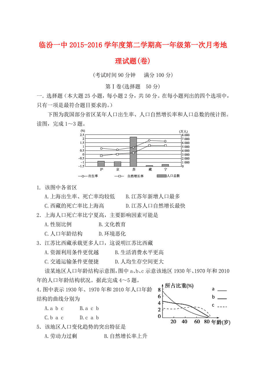 山西省2015-2016学年高一地理下学期第一次月考（4月）试题_第1页