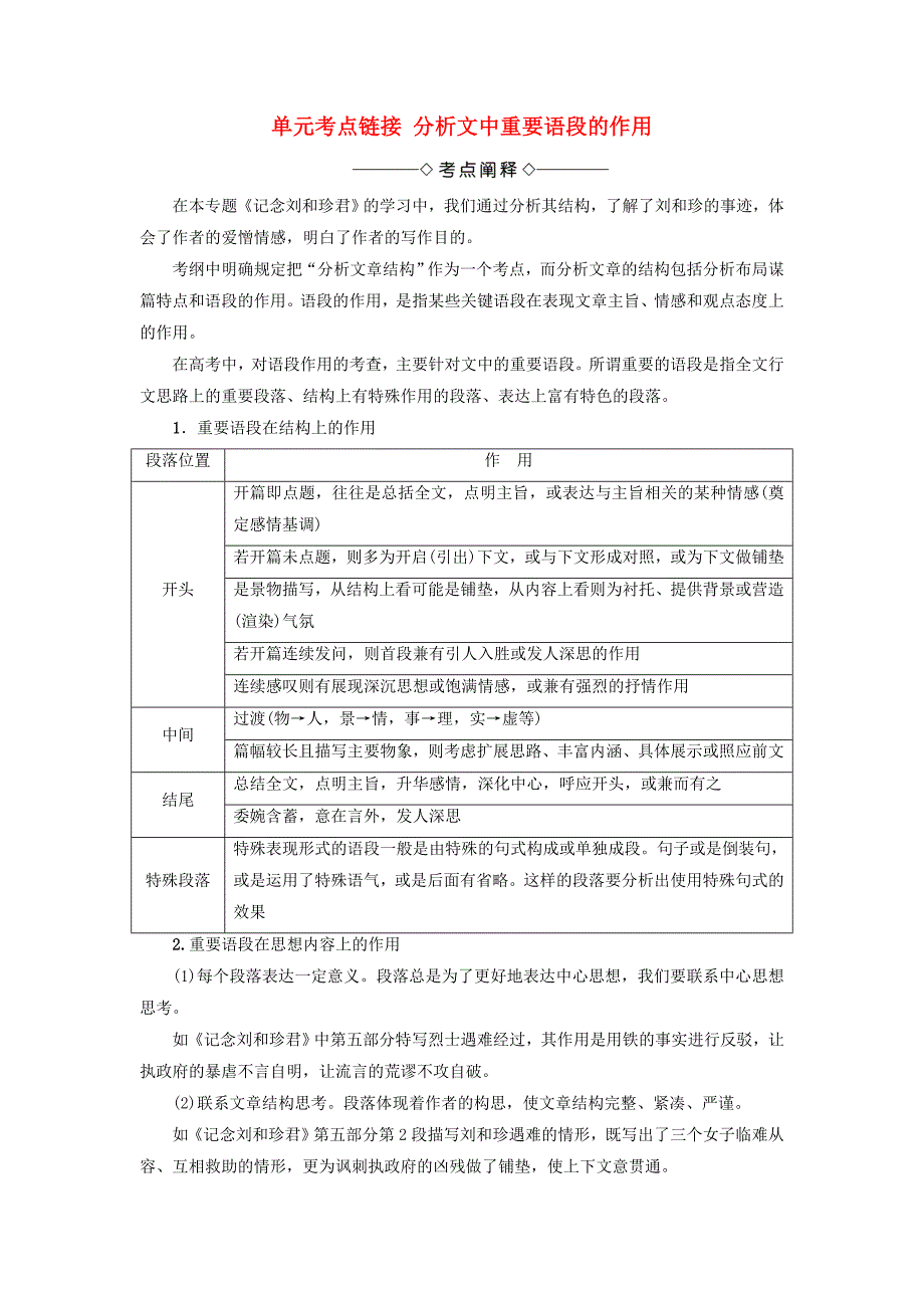 2017-2018学年高中语文第三专题单元考点链接分析文中重要语段的作用教师用书苏教版_第1页