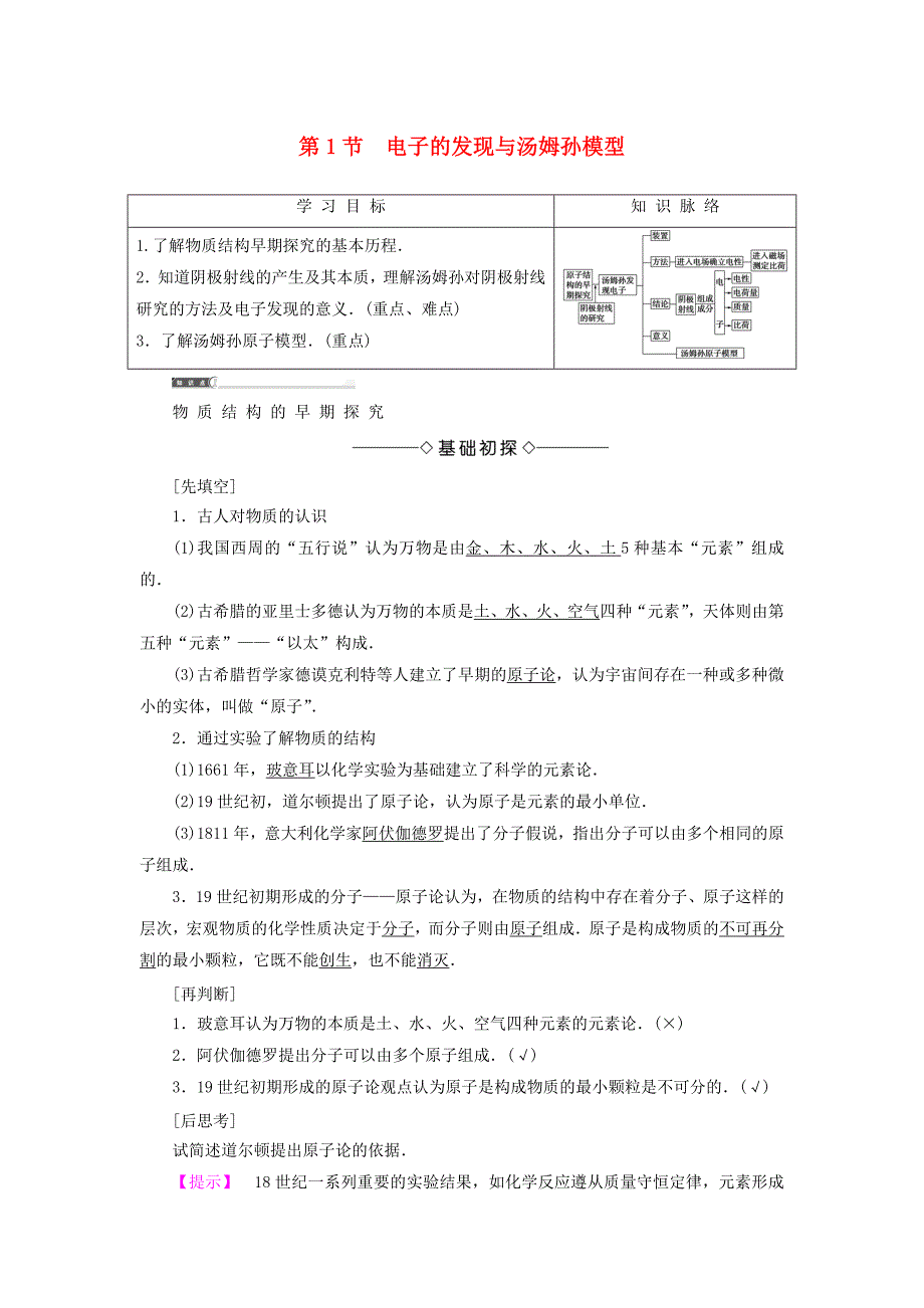 2018版高中物理第2章原子结构第1节电子的发现与汤姆孙模型教师用书鲁科版_第1页