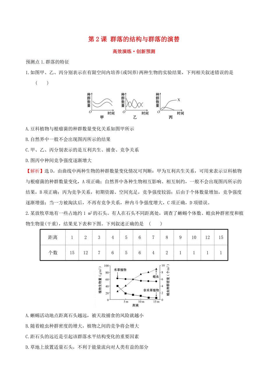 2019届高考生物一轮复习第九单元生物与环境第2课群落的结构与群落的演替高效演练创新预测新人教版_第1页