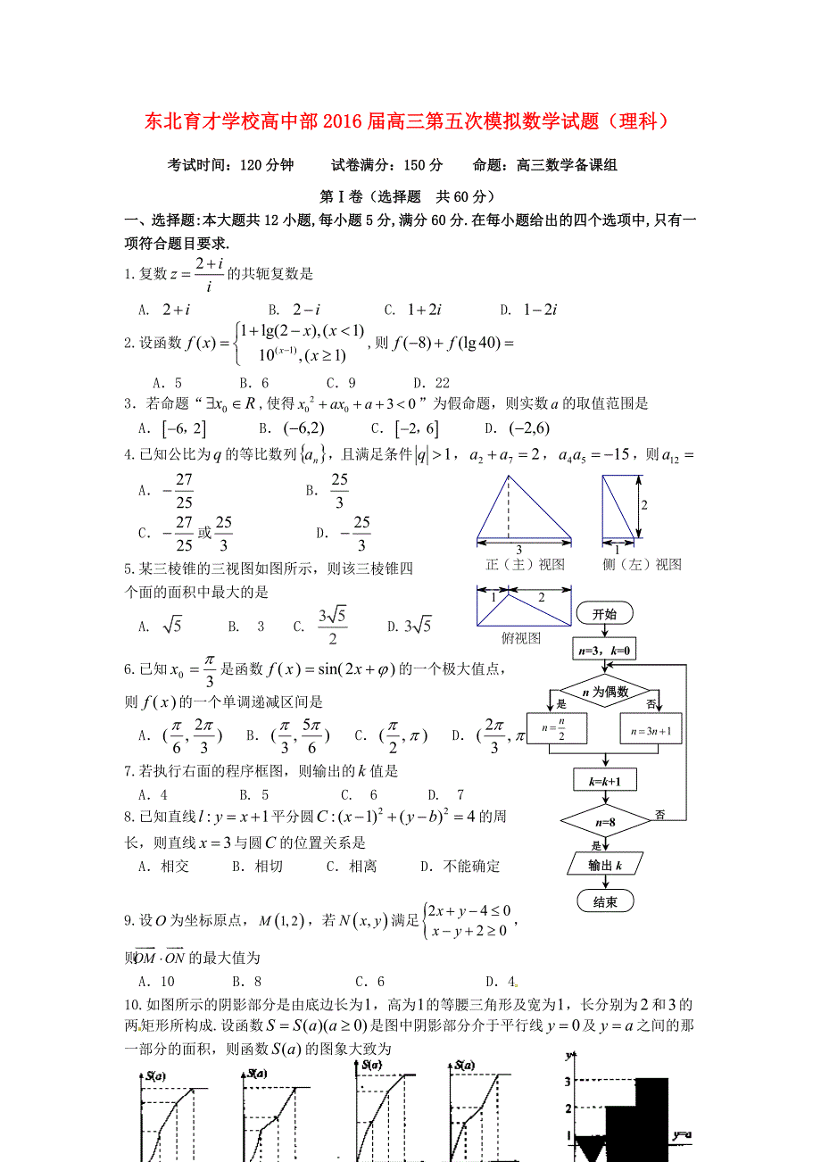 辽宁省学校2016届高三数学下学期第五次模拟考试试题 理_第1页