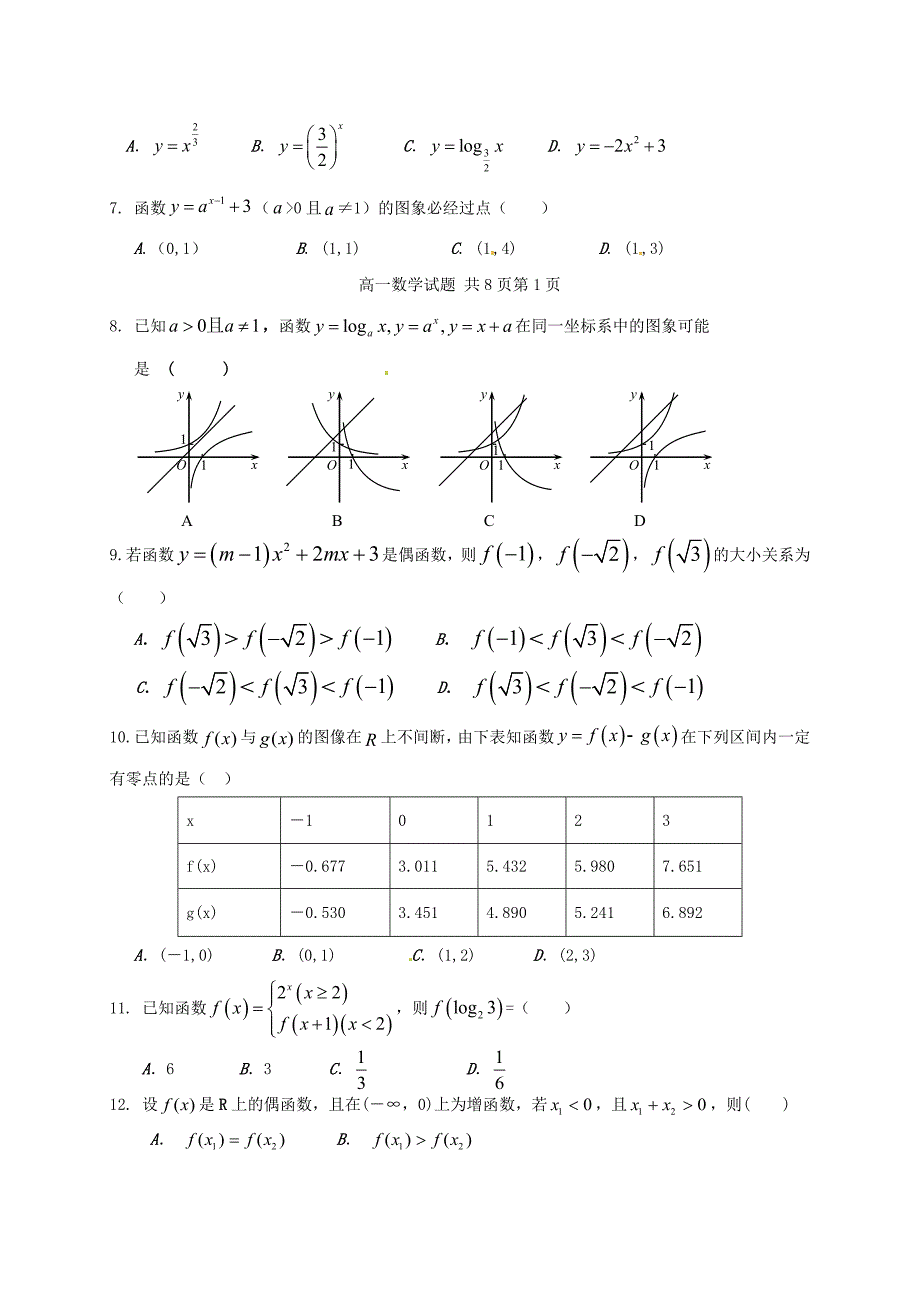 山东省济宁市历城区2016-2017学年高一数学上学期模块考试期中试题_第2页