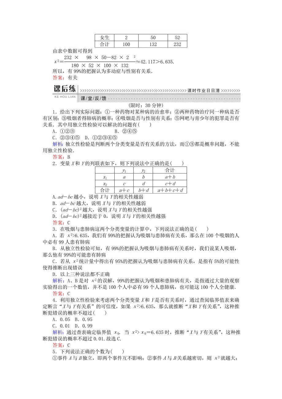 2018版高中数学第三章统计案例课时训练17独立性检验新人教b版_第2页