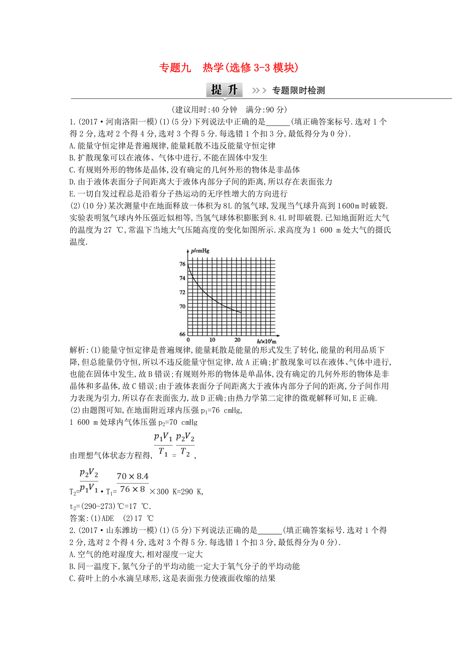 全国通用2018届高考物理二轮复习备课资料专题九热学专题限时检测_第1页