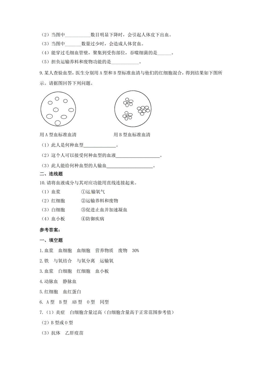 七年级生物下册 10.1 血液和血型课堂训练 （新版）苏教版_第2页