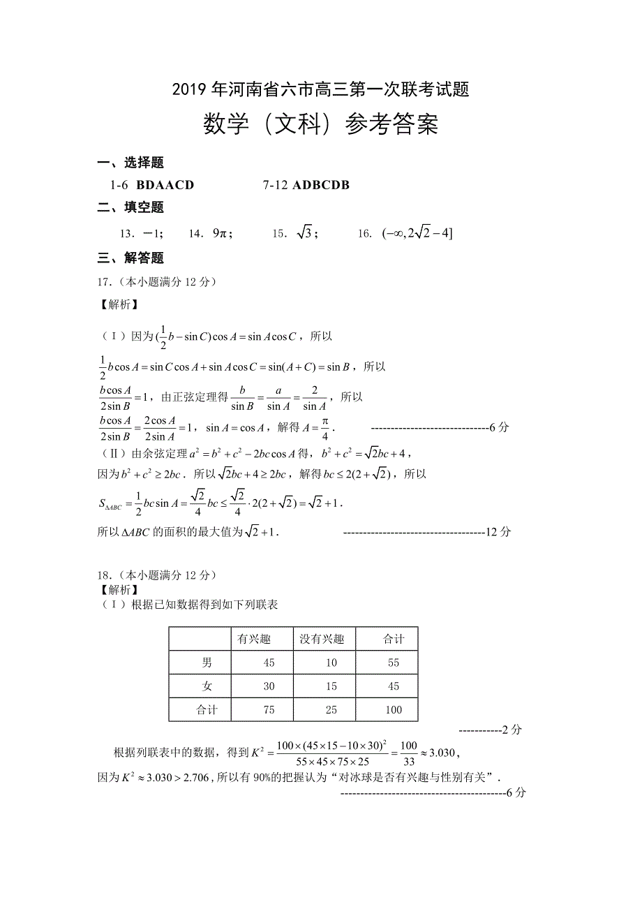 2.2019年河南省六市高三第一次联考数学（文）参数答案_17861 (1)_第1页