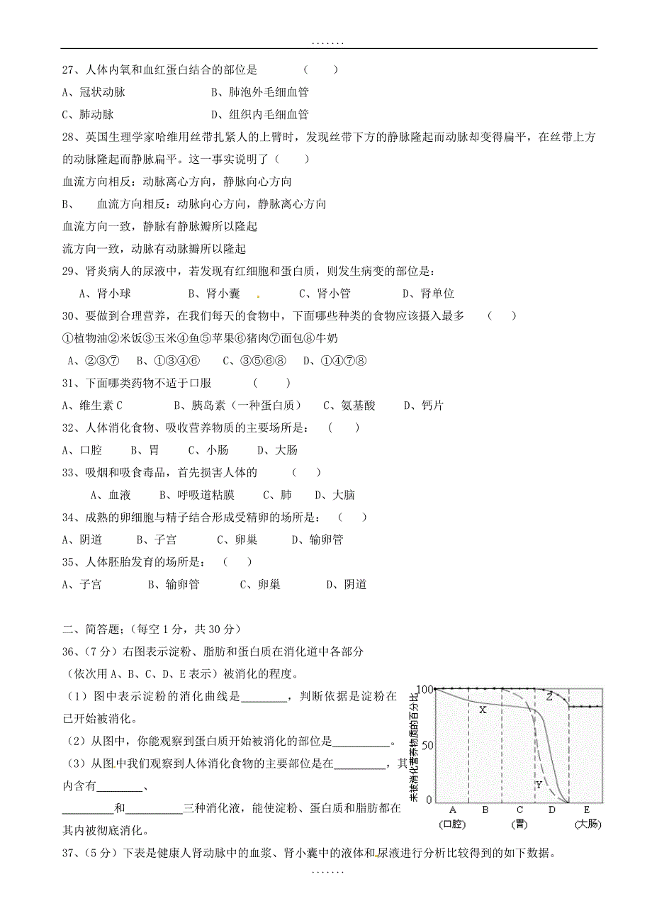 广东省中山市2018-2019学年七年级生物下学期期中试题新人教版（有答案）_第3页