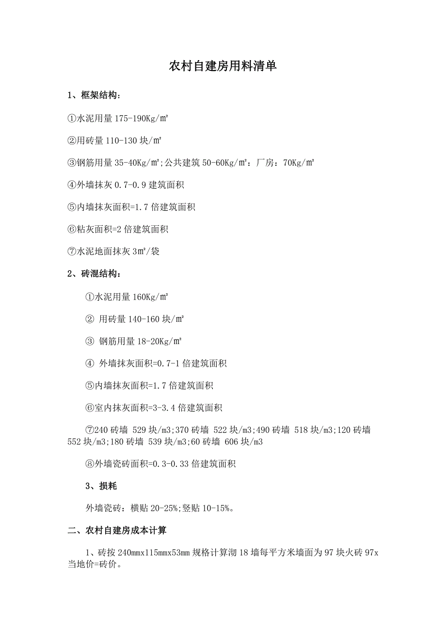 农村房屋用料清单.docx_第1页