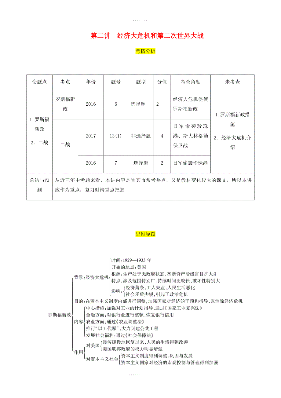 宜宾版2019中考历史总复习考点世界现代史第二讲经济大危机和第二次世界大战试题_第1页