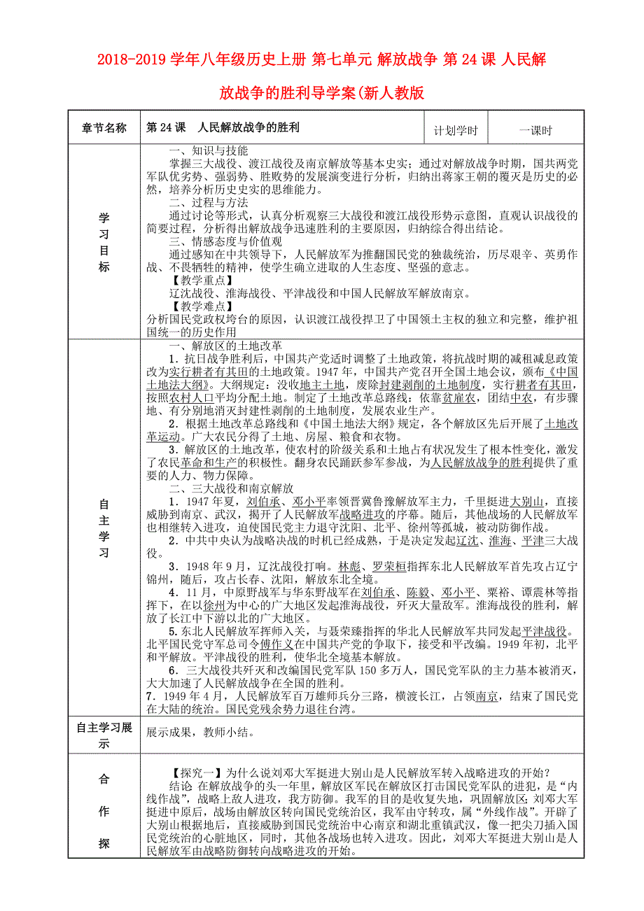 2018-2019学年八年级历史上册 第七单元 解放战争 第24课 人民解放战争的胜利导学案（新人教版_第1页