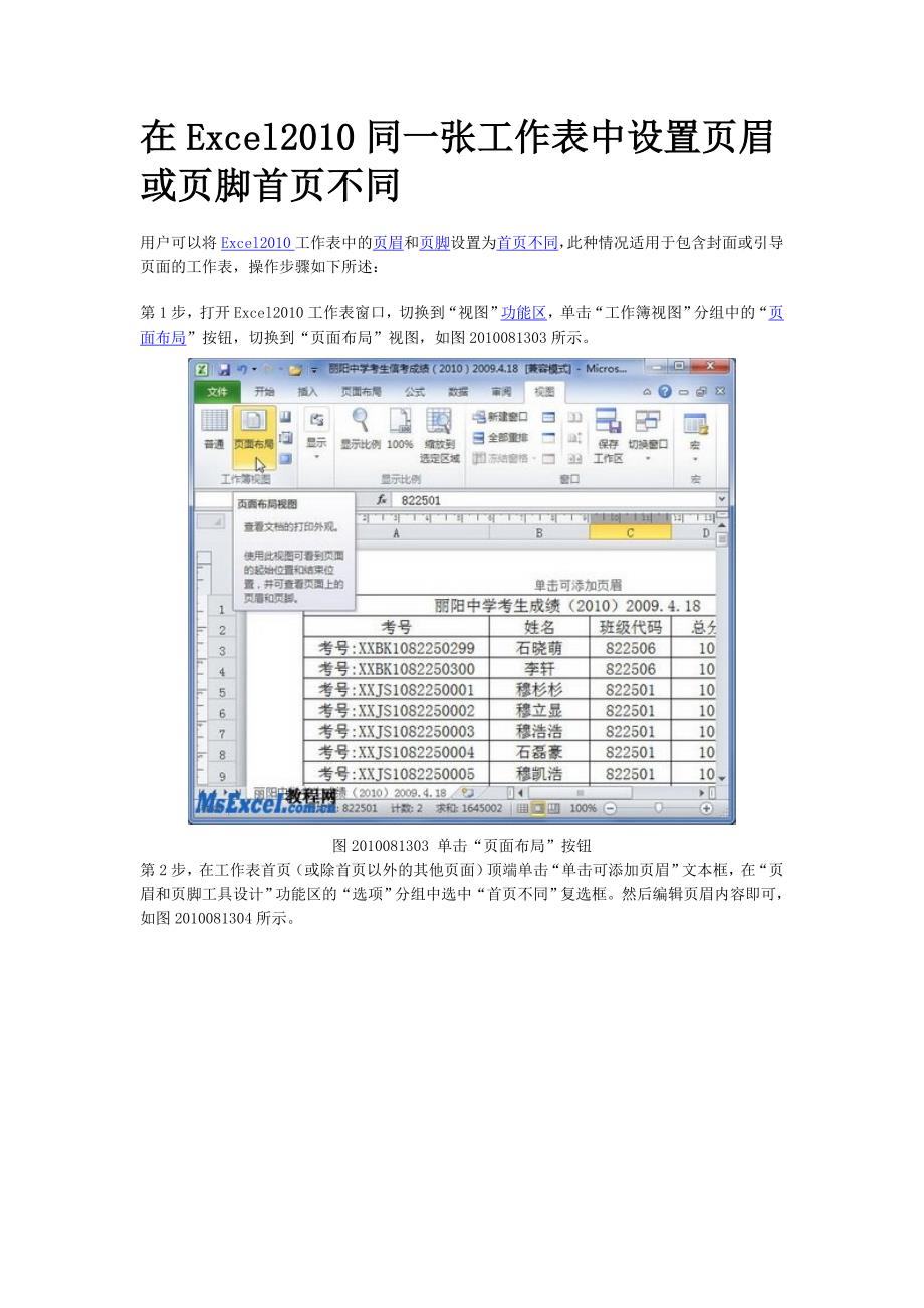 在excel2010同一张工作表中设置页眉或页脚首页不同_第1页