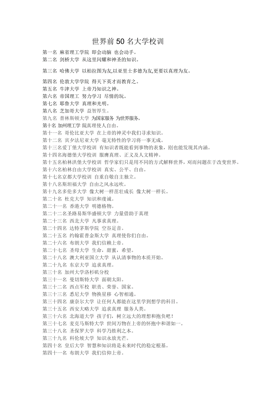 世界前50名大学校训_第1页