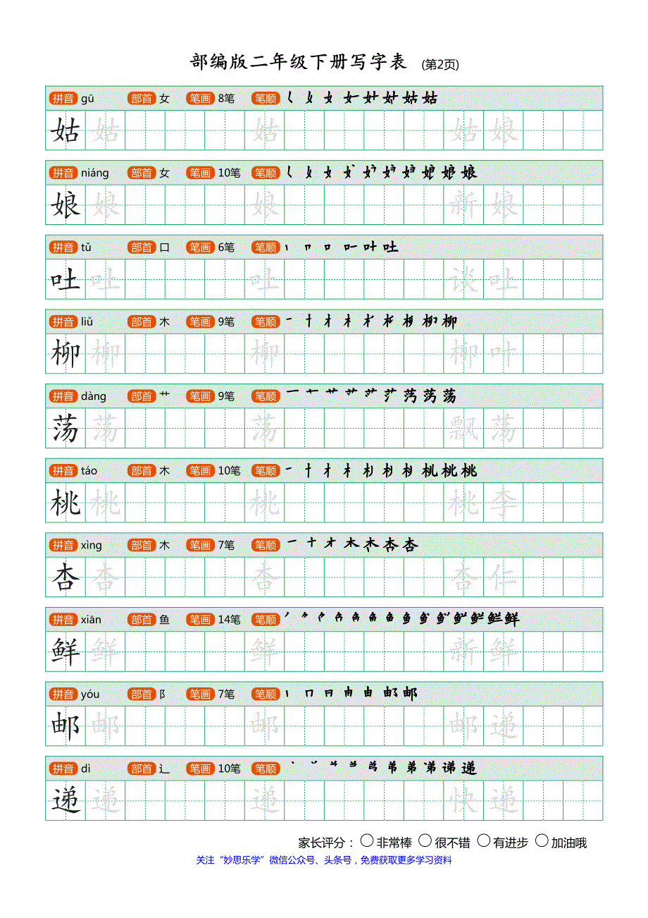 部编版二年级下册写字表(笔顺、可打印)_第2页