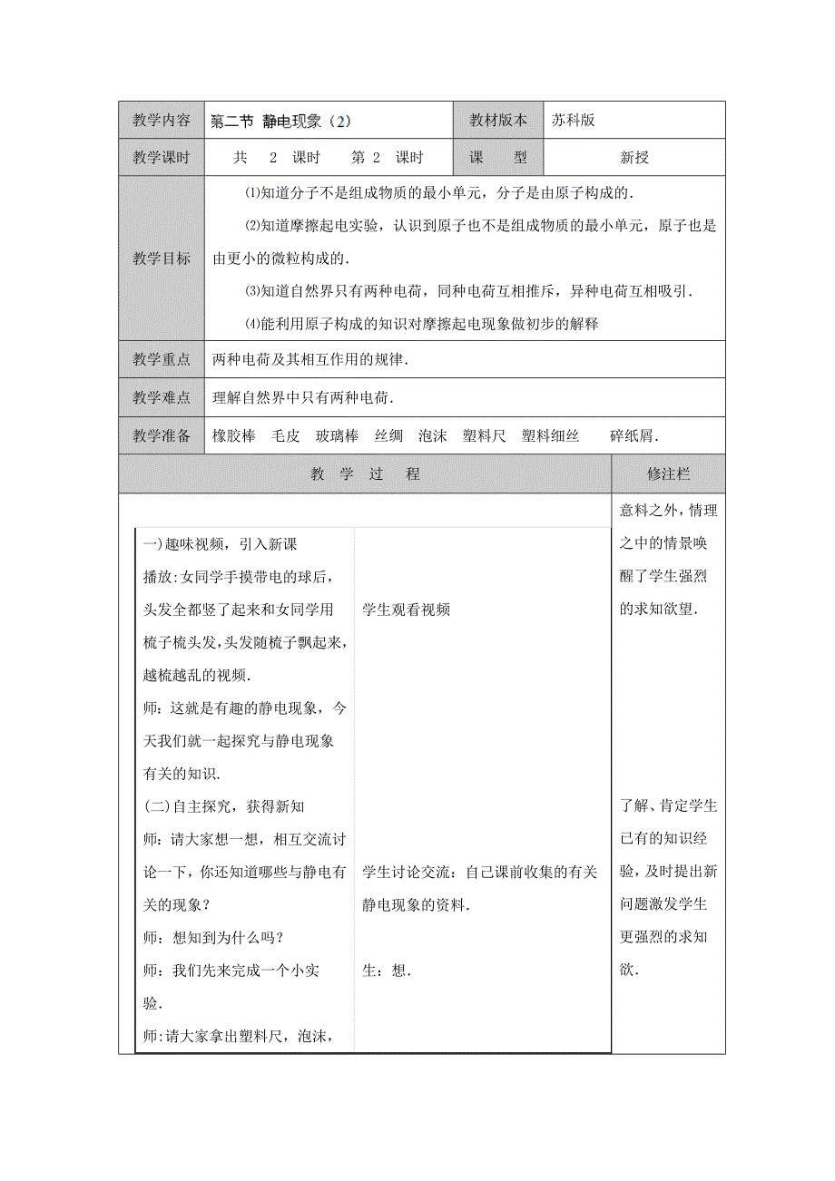 7.2静电现象 教案（苏科版八年级下册） (9)_第1页