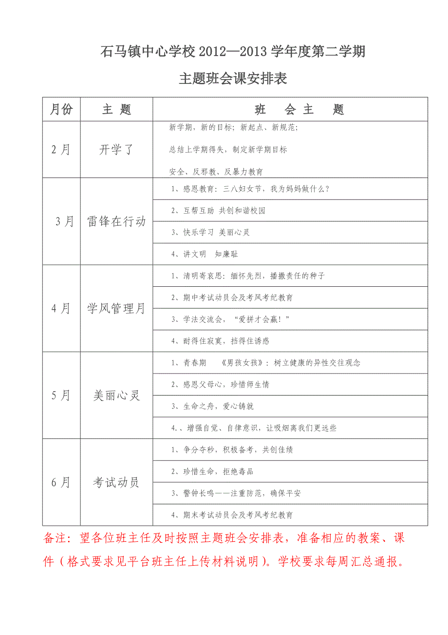 2013-2014学年度第二学期班会课安排表_第1页