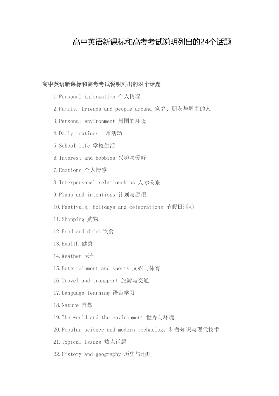 高中英语新课标和高考考试说明列出的24个话题_第1页