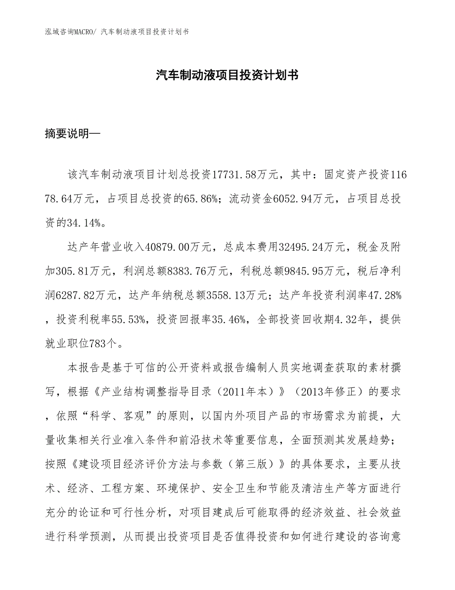 （项目说明）汽车制动液项目投资计划书_第1页