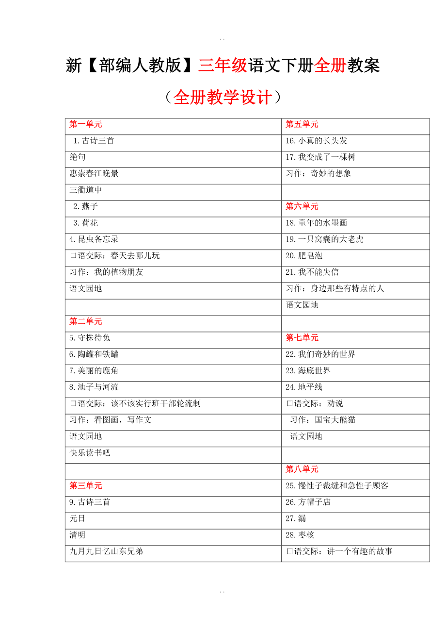 最新2019年春(部编人教版)季小学语文三下：全册教案_第1页