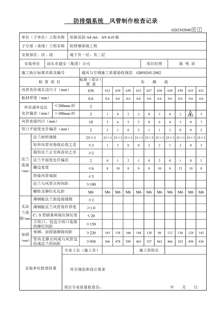 防排烟系统风管制作检查记录_第1页