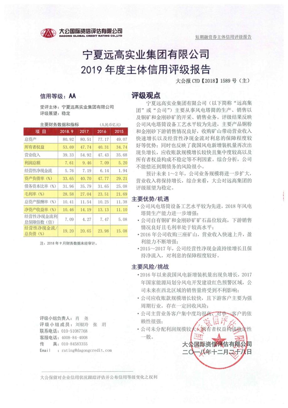 宁夏远高实业集团有限公司主体信用评级报告_第1页