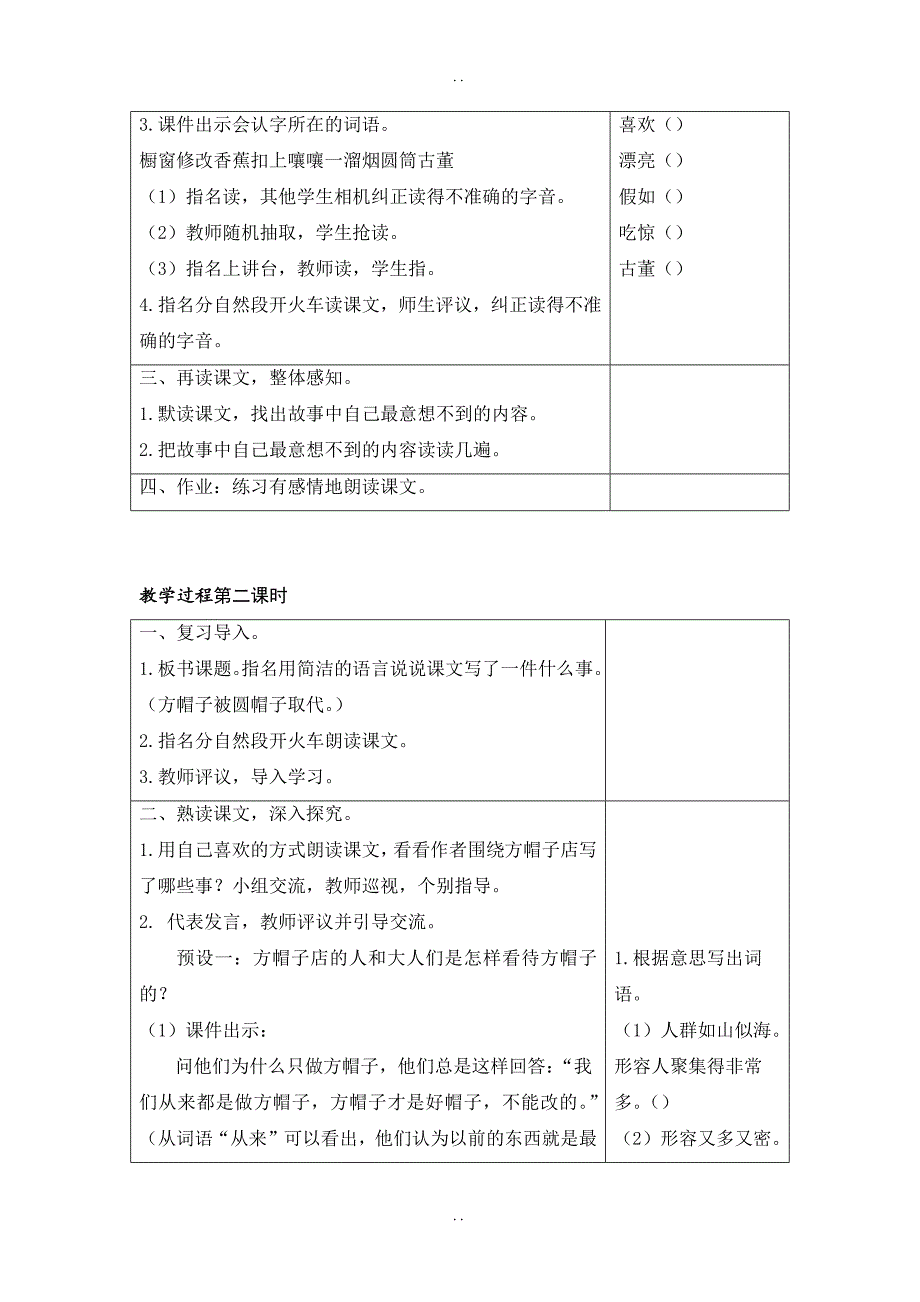 最新人教部编版2019年春三年级下册语文：配套教案设计第八单元（教案+反思）（精品）26 方帽子店_第3页