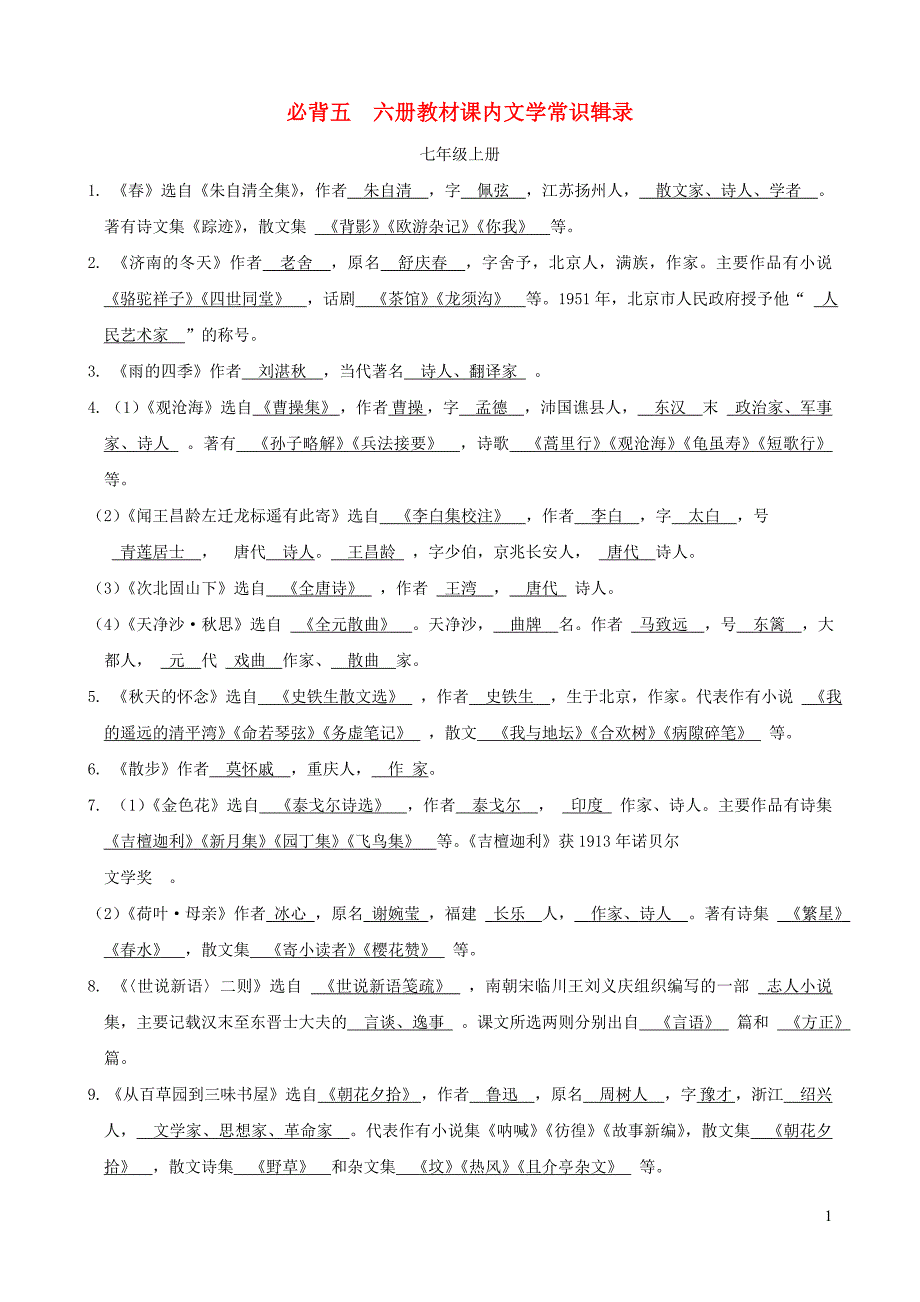 浙江省2019年中考语文复习 备考手册 必背篇五 六册教材课内文学常识辑录_第1页