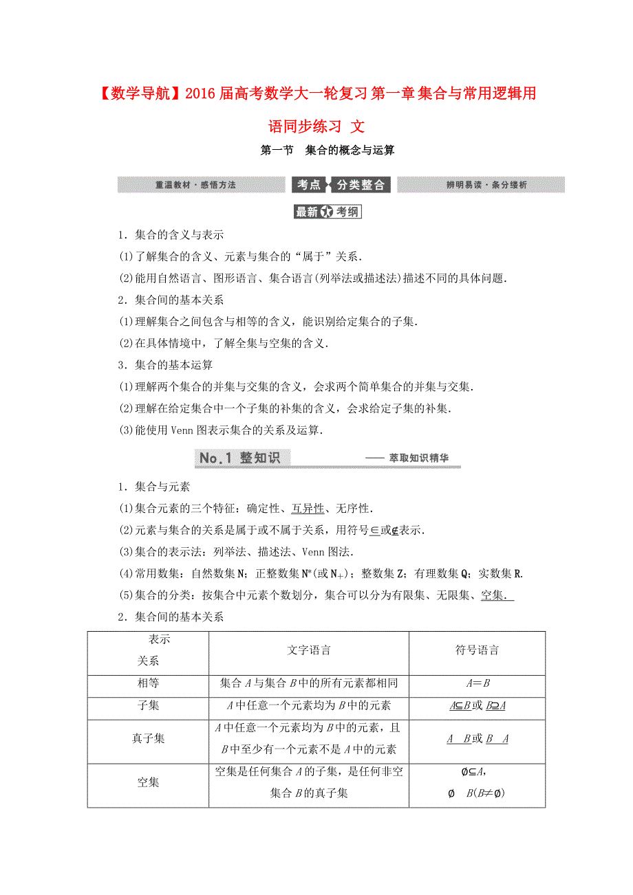 数学导航2016届高考数学大一轮复习 第一章 集合与常用逻辑用语同步练习 文_第1页