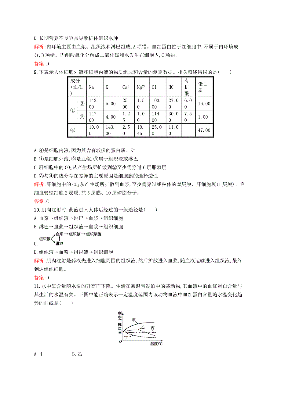 2015-2016学年高中生物 2.1 内环境与稳态课后作业（含解析）浙科版必修3_第3页