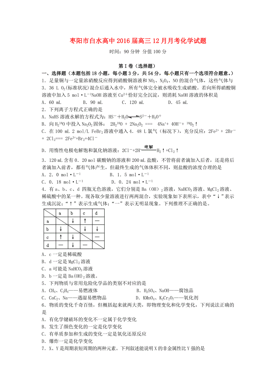 湖北省白水高级中学2016届高三化学12月月考试题_第1页